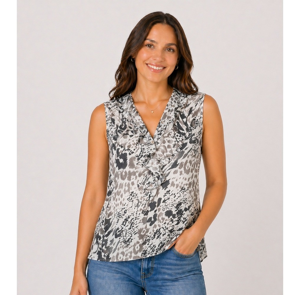 Spense Womens Grey White Animal Print Ruffle V-Neck Sleeveless Blouse Top Large